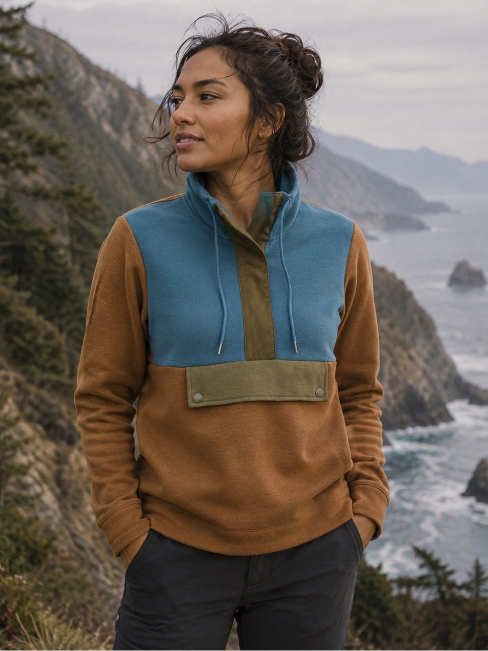Ll Bean Signature Women’s Tan and Teal Zip-Up Sweater